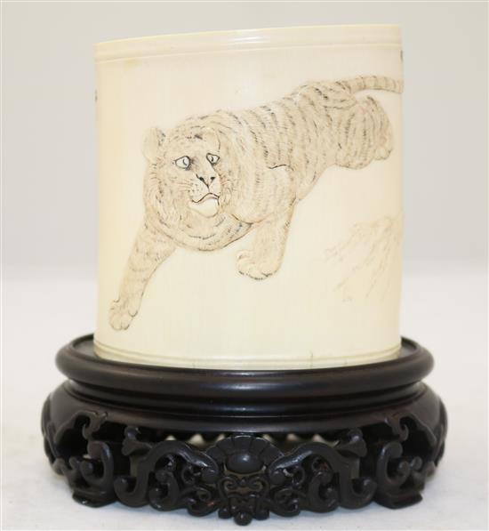 A Japanese ivory tusk vase, early 20th century & stand